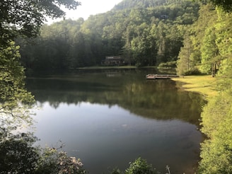 A tranquil lake is surrounded by lush green forest and rolling hills. A wooden deck extends over the water from the grassy shoreline. In the distance, a house is nestled among the trees, and the scene reflects beautifully in the calm water.