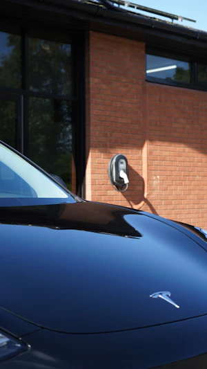 blue tesla car parked near brown brick home