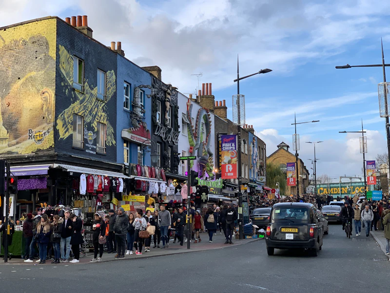 Colourful shops and visitors in Camden