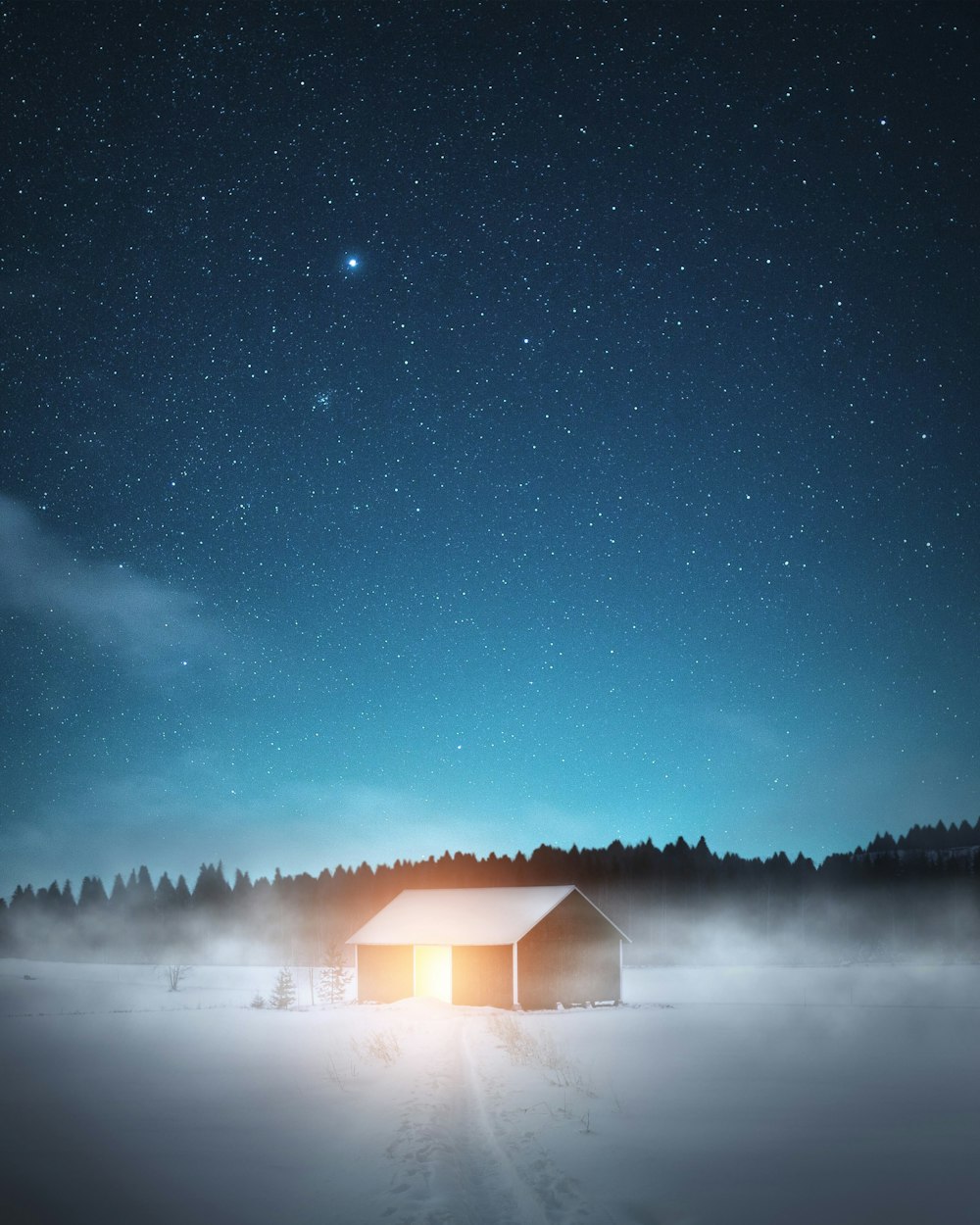 brown wooden house on snow covered ground under starry night