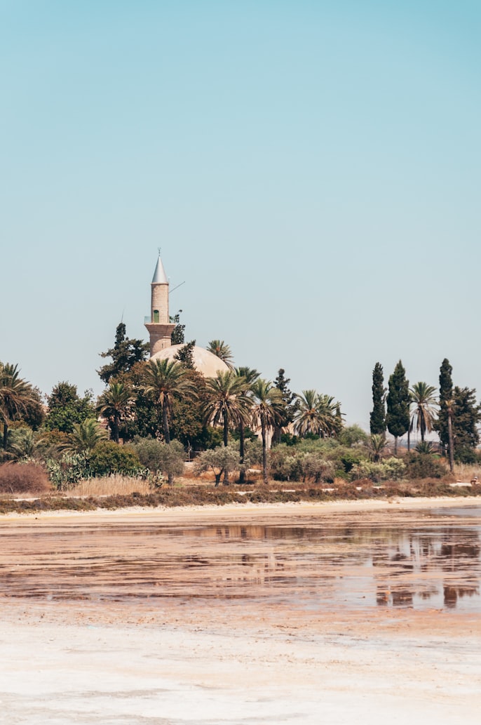 Monastery among palm trees on the shore of Larnaca, Cyprus.