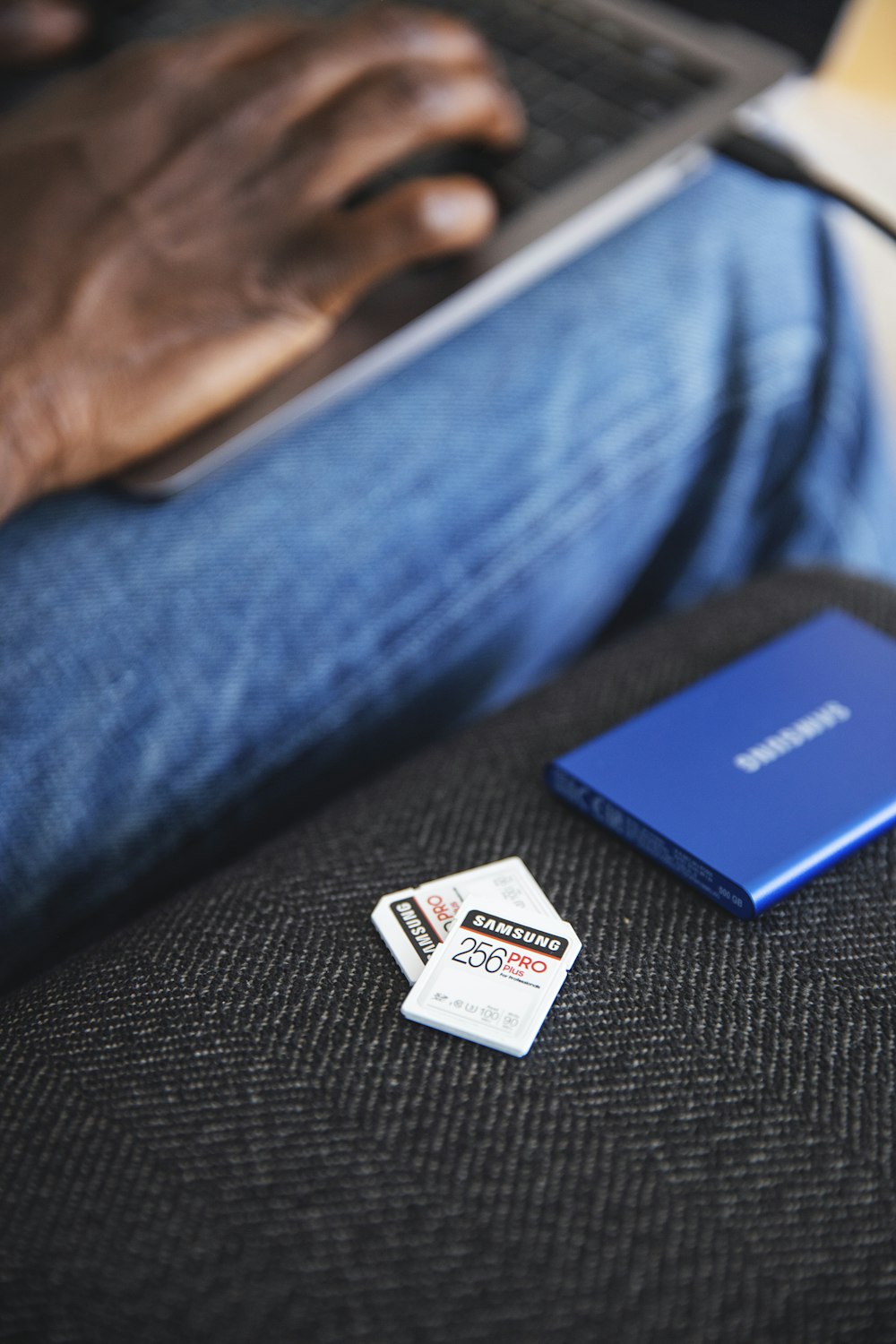 blue and white box on black textile