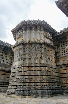 An intricately carved temple structure with detailed stone sculptures and ornate patterns decorating its surface. The temple's walls are adorned with figures and motifs, showcasing a high level of craftsmanship. The architecture reflects historical and cultural significance, with a tiered design and decorative columns.