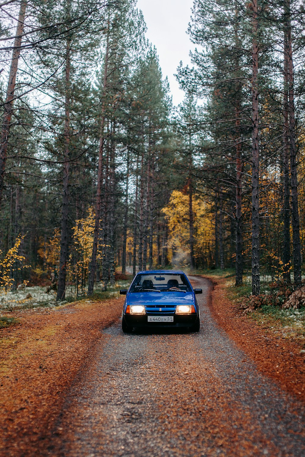 black car on dirt road in between trees during daytime