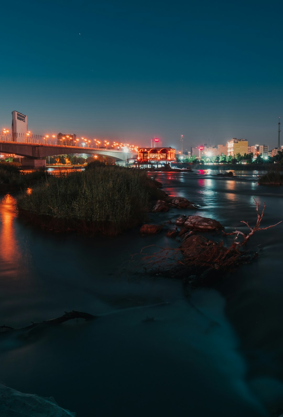 body of water near bridge during night time