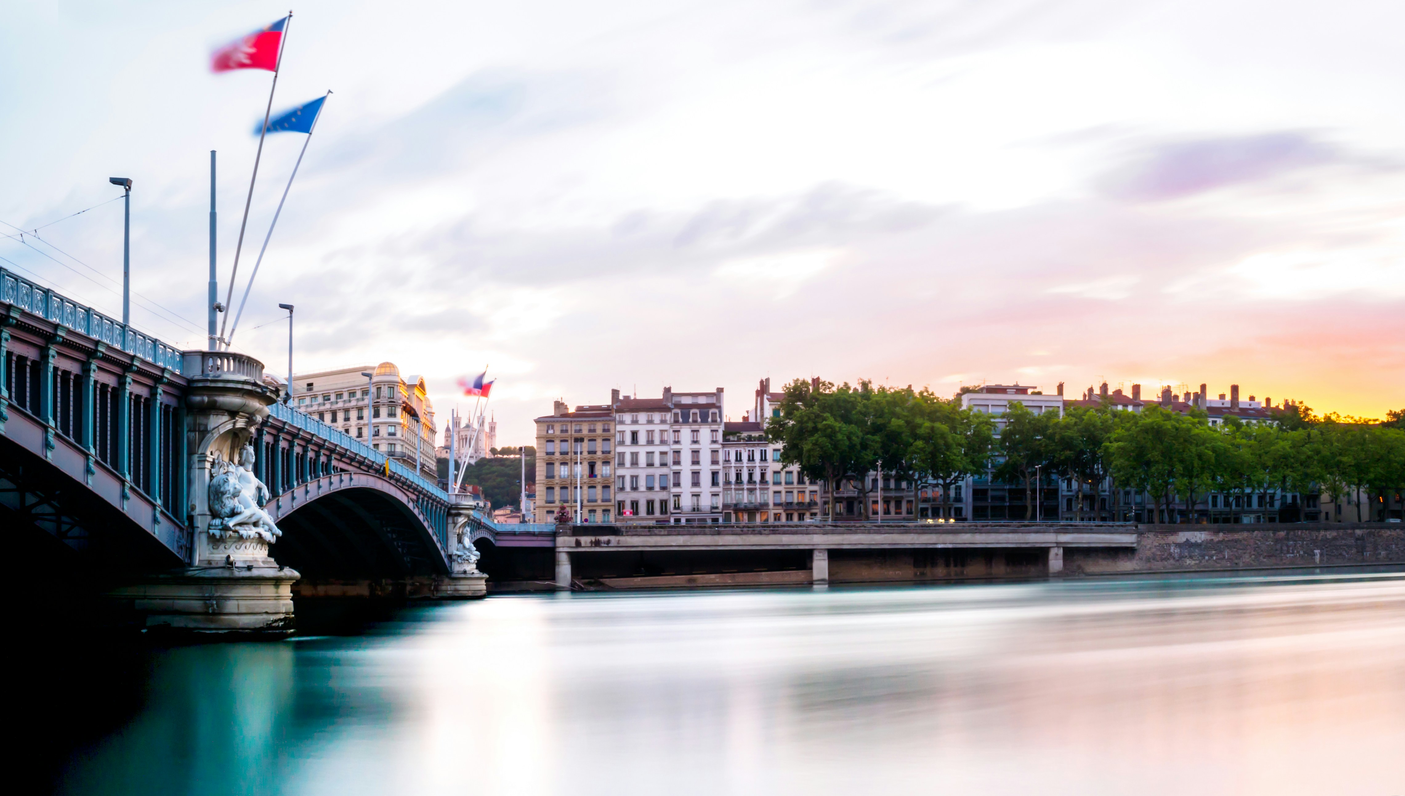 white bridge over river during daytime, Sunset in Lyon Lafayette Bridge 