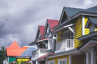 A colorful assortment of house roofs showcasing different styles and shades under a bright sky.