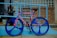 A bicycle with a unique design leans against a light blue railing. The bike features bright blue wheels and a colorful frame with alternating pink and blue stripes. It is positioned on a blue diamond plate ramp next to a brick wall with glass block windows. A potted plant and an open sign are visible in the background through a glass storefront.