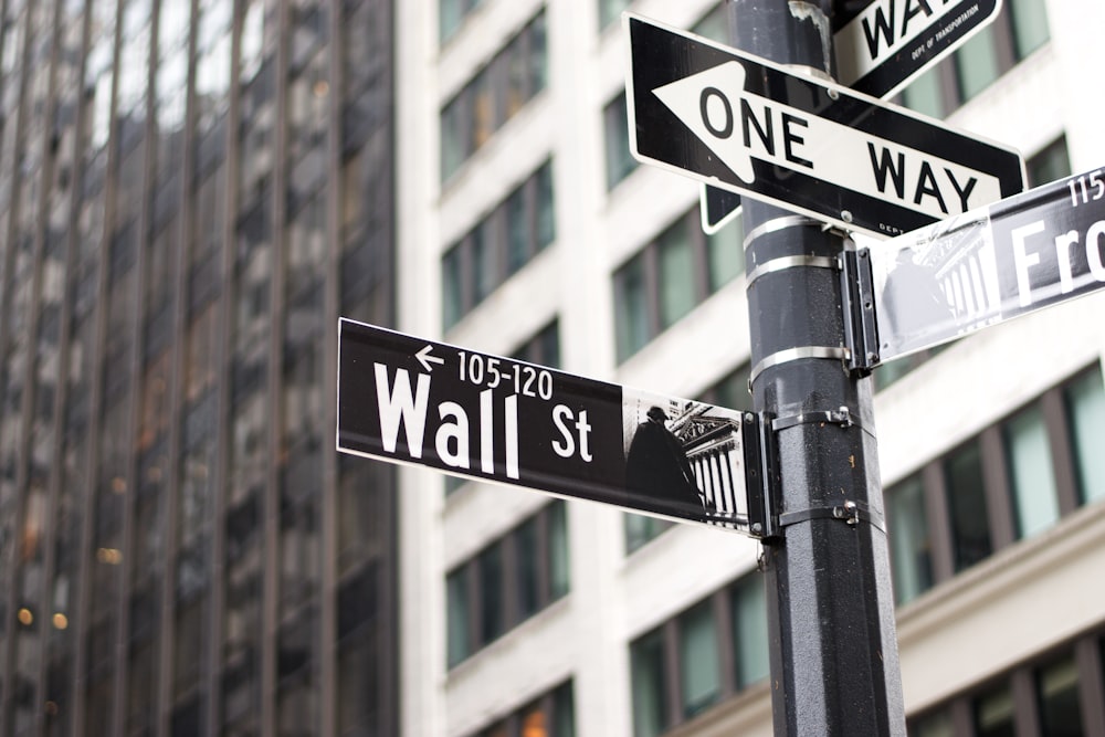 a pole with two street signs and a building in the background