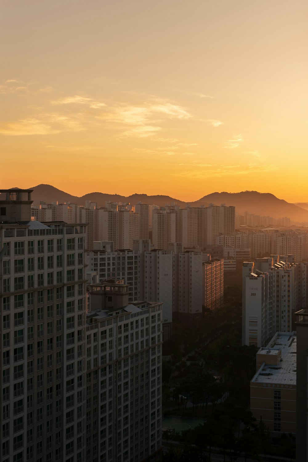 city skyline during sunset with orange sky