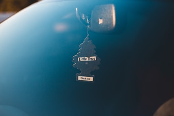 A black tree-shaped air freshener labeled 'Little Trees' and 'Black Ice' hangs inside a vehicle. It is attached to the rearview mirror and is set against a softly focused blue backdrop.