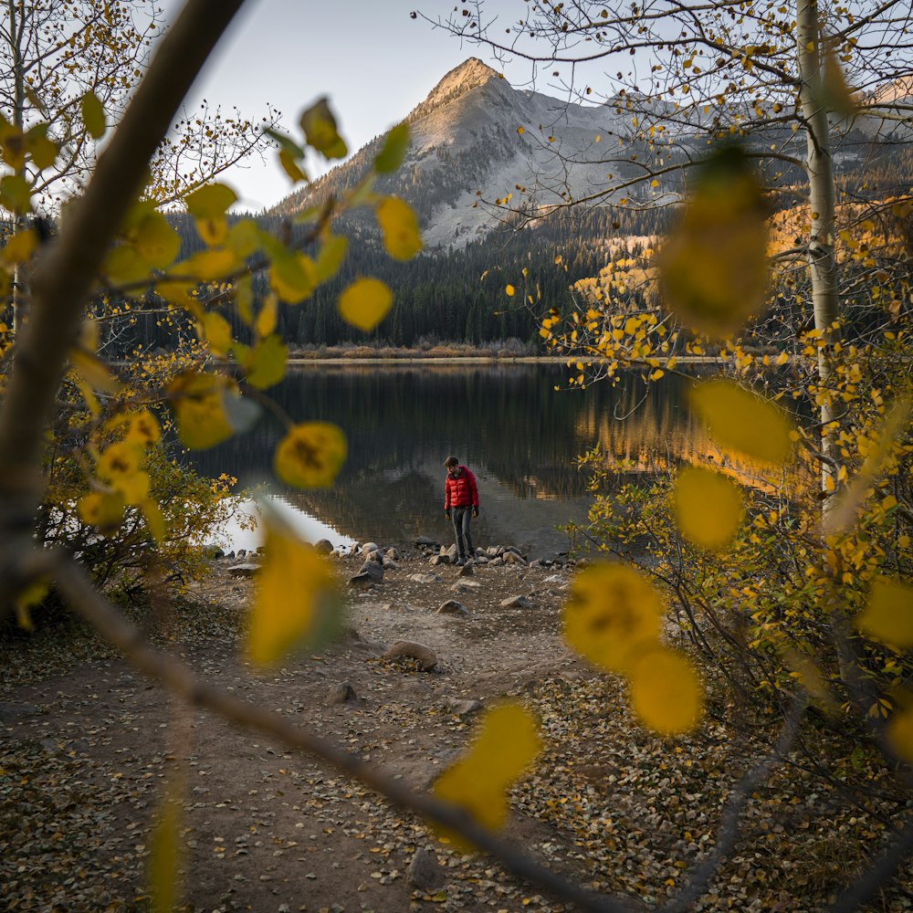 person in red jacket standing near lake during daytime