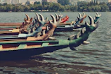 A community event with multiple dragon boats lined up by the shore.