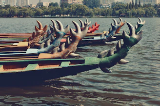 A vibrant dragon boat team paddling in perfect sync across shimmering water under a clear blue sky.
