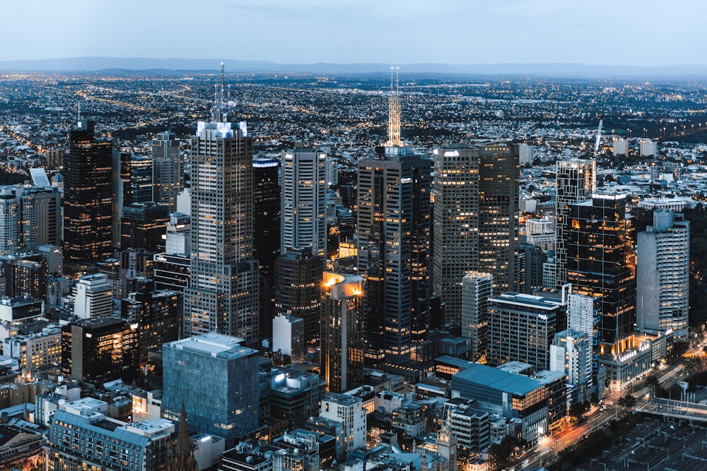 aerial view of city buildings during night time