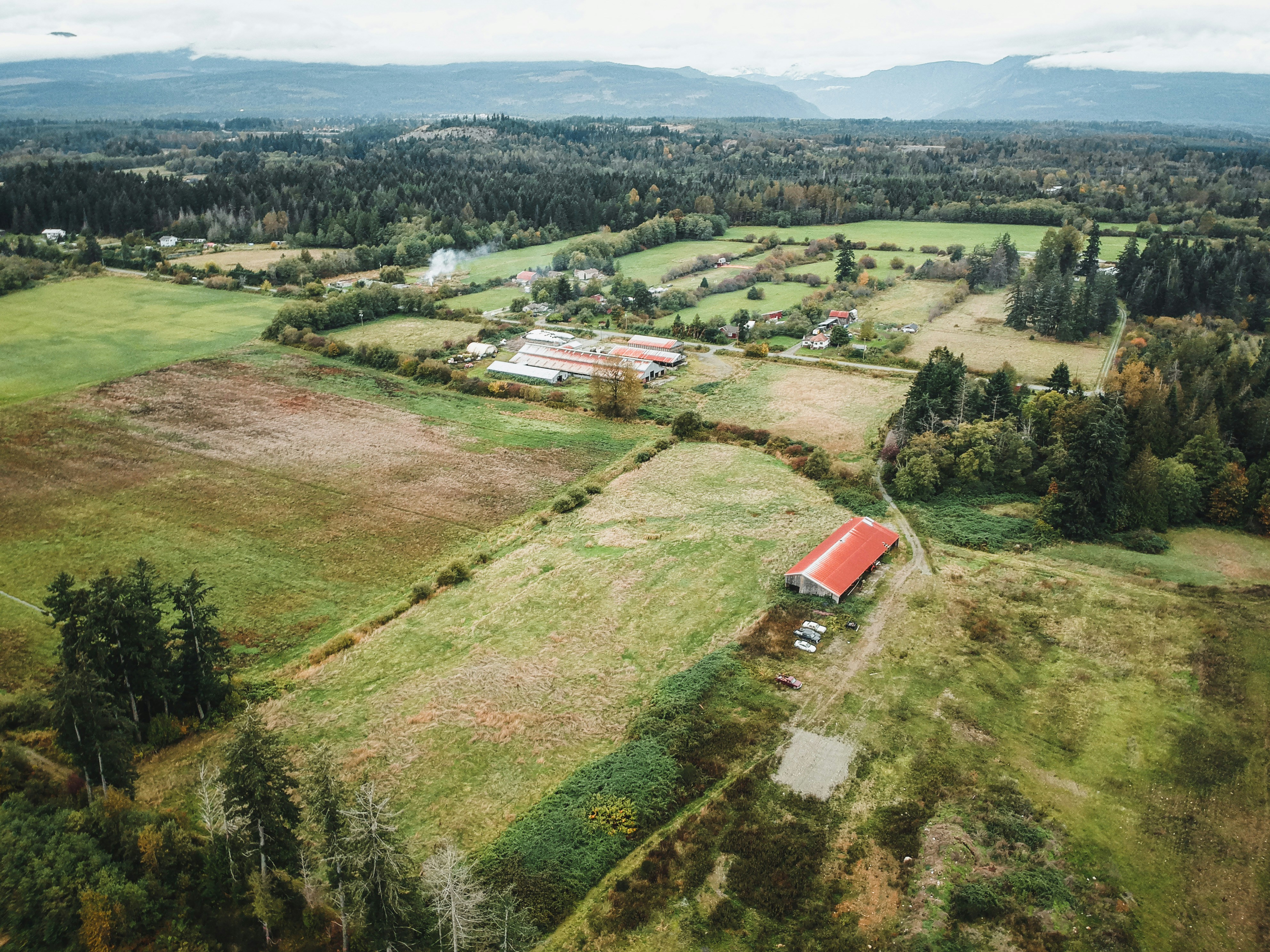 Drone view of patchwork farm fields