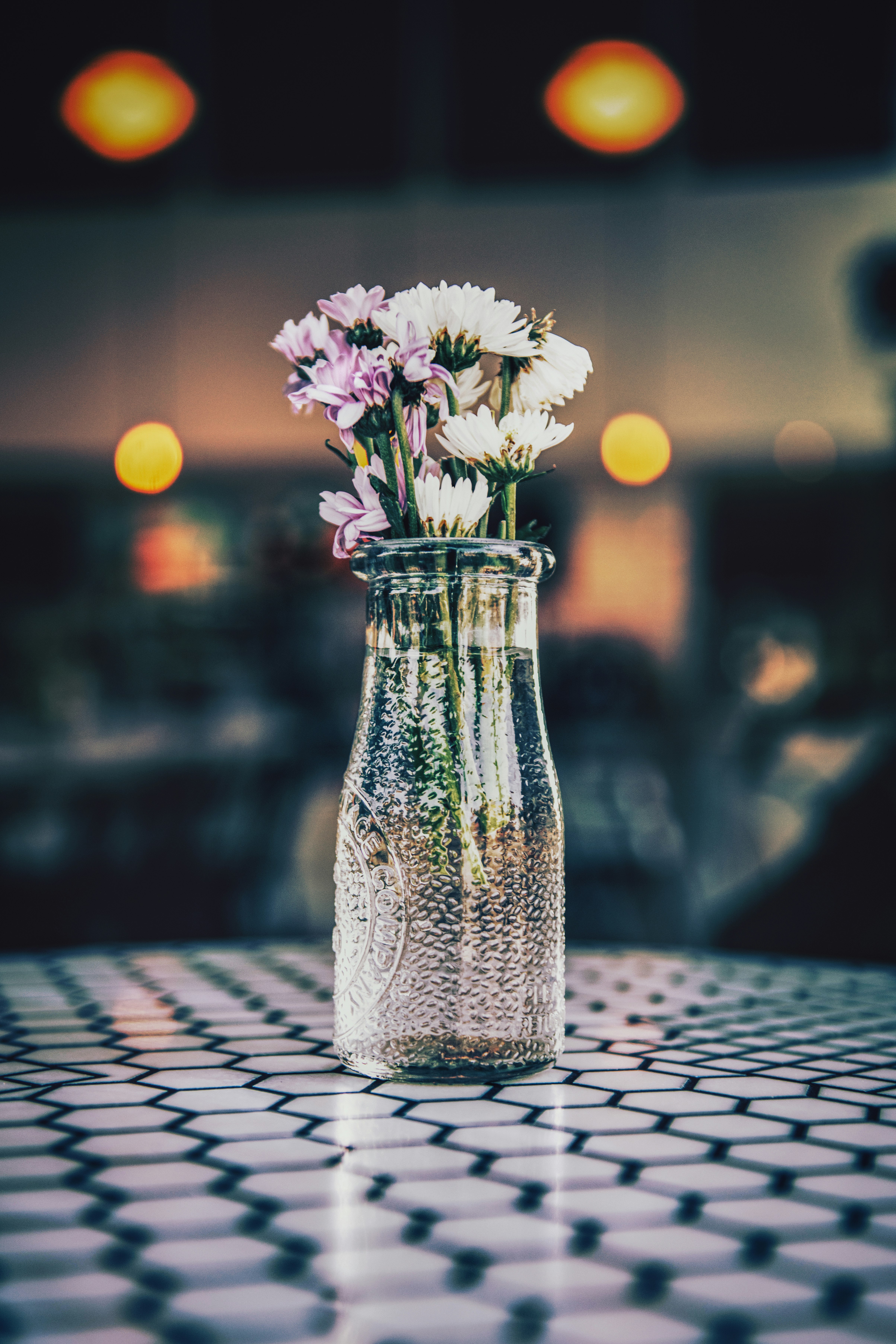 purple and white flowers in clear glass vase