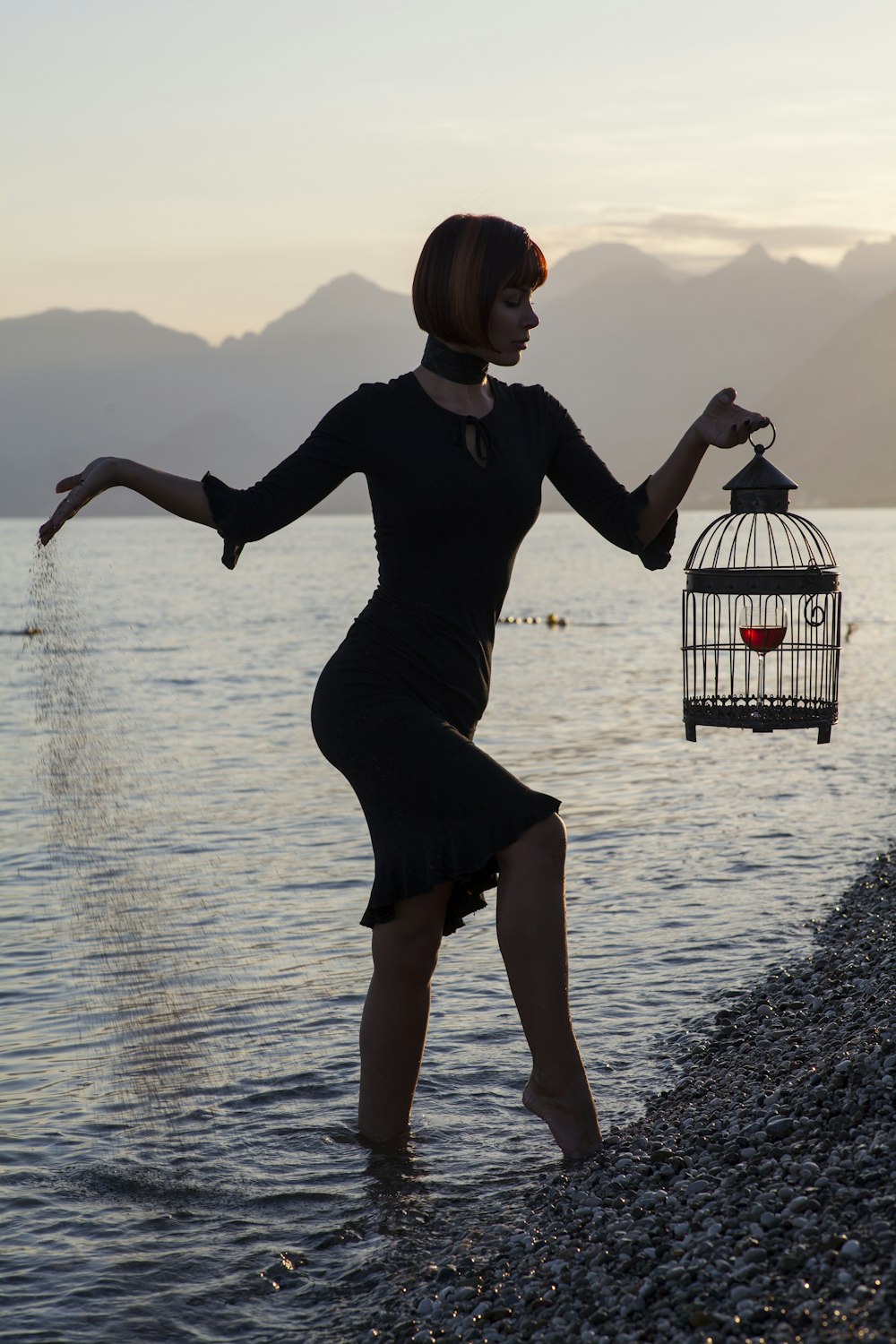 femme en robe noire à manches longues tenant une cage à oiseaux blanche et noire sur l’eau pendant la journée