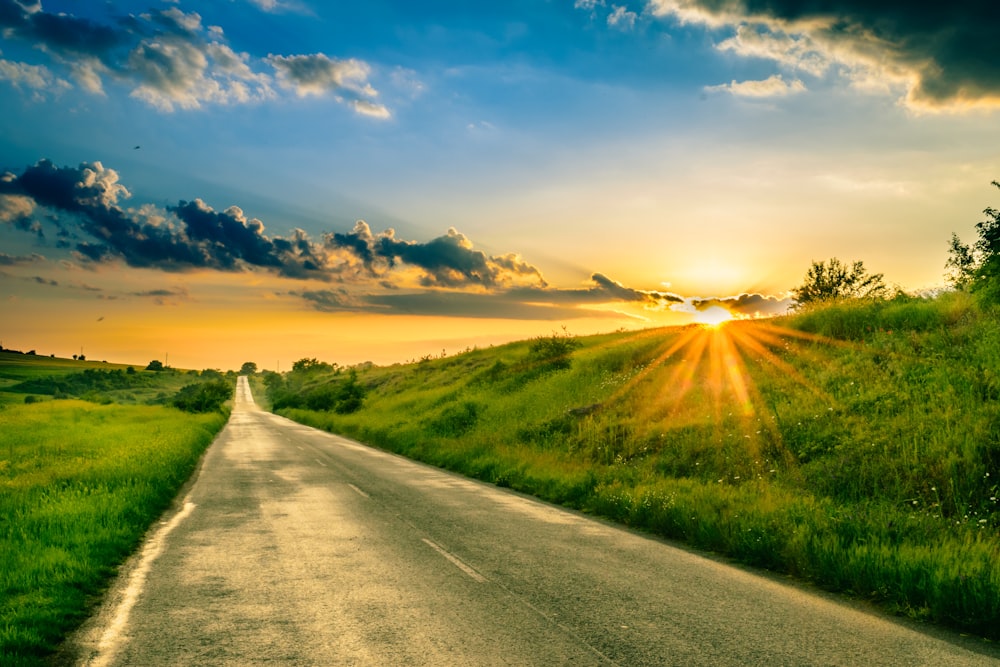 gray asphalt road between green grass field during daytime