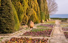 A professional gardener tending to a beautifully landscaped garden with terracotta accents.