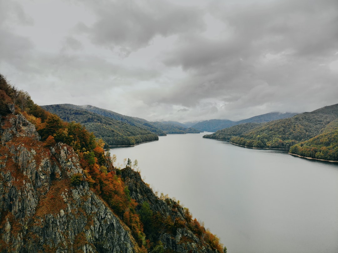 green and brown mountain beside lake under cloudy sky during daytime