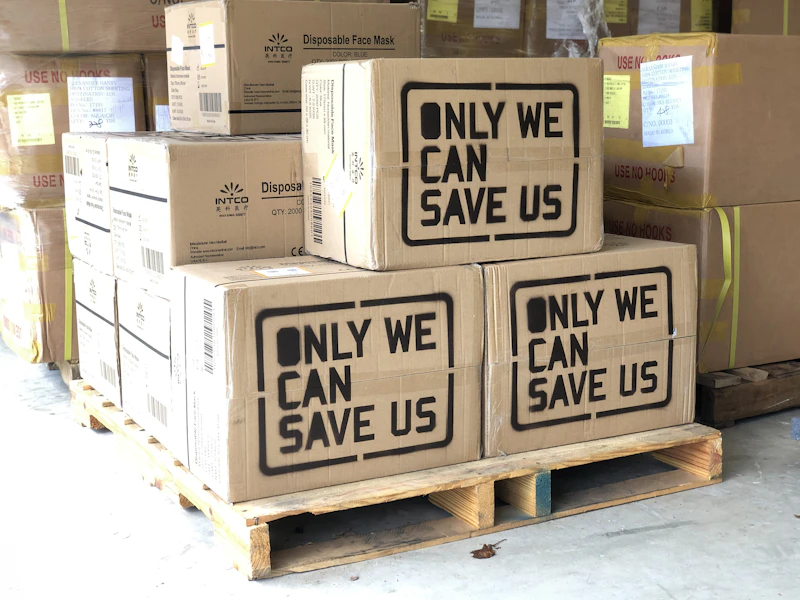 Cardboard shipping cartons stacked on a wooden pallet in a warehouse.