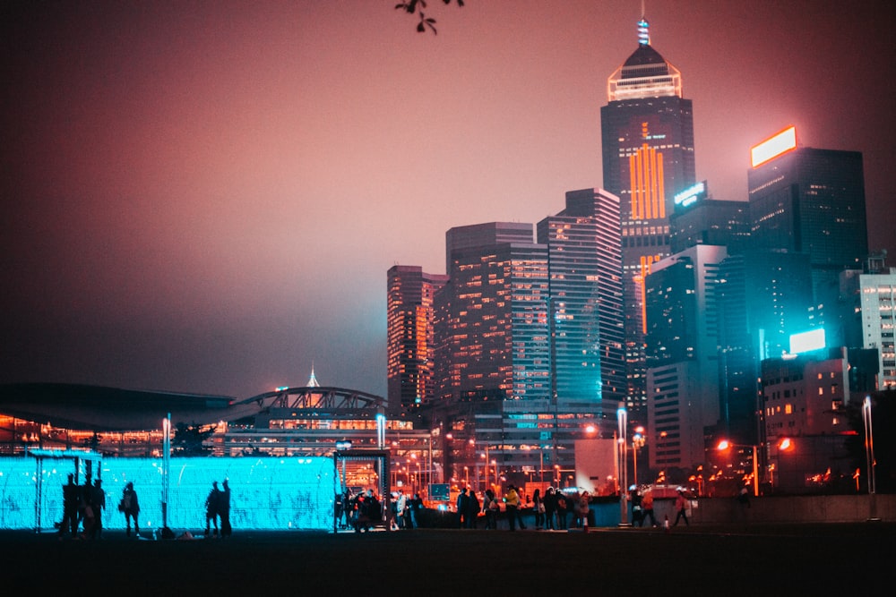 people walking on street near high rise buildings during night time