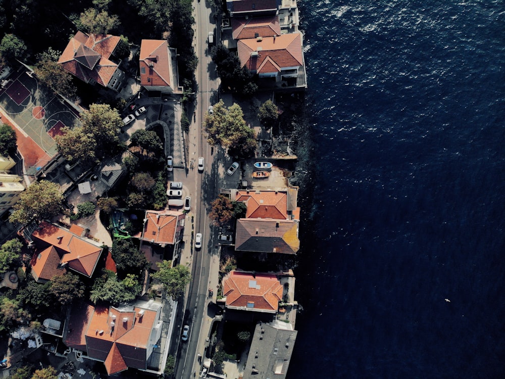 aerial view of city buildings near body of water during daytime