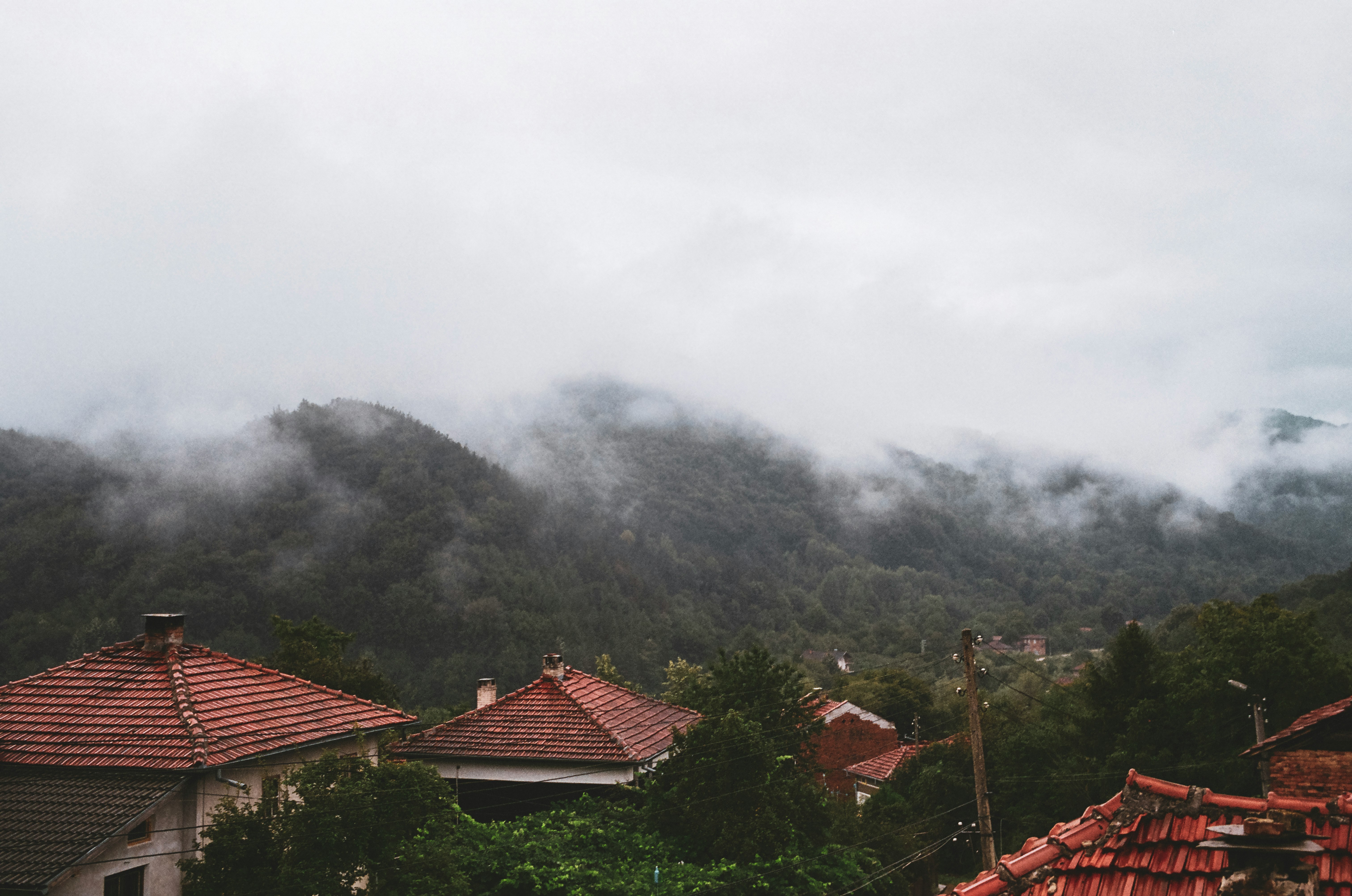 brown roof house near green trees and mountain during daytime