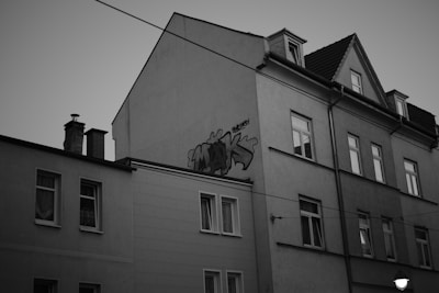 A monochrome photograph of a multi-story residential building with a visible graffiti tag on the side wall. The architecture is typical of urban housing, featuring multiple windows, some with curtains or closed shades. A streetlight is partially captured in the foreground.