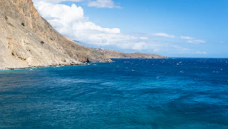 A sweeping aerial view of a rugged coastline meeting the deep blue ocean under a clear sky.
