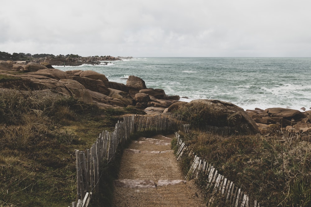 brown wooden fence on brown rocky shore during daytime