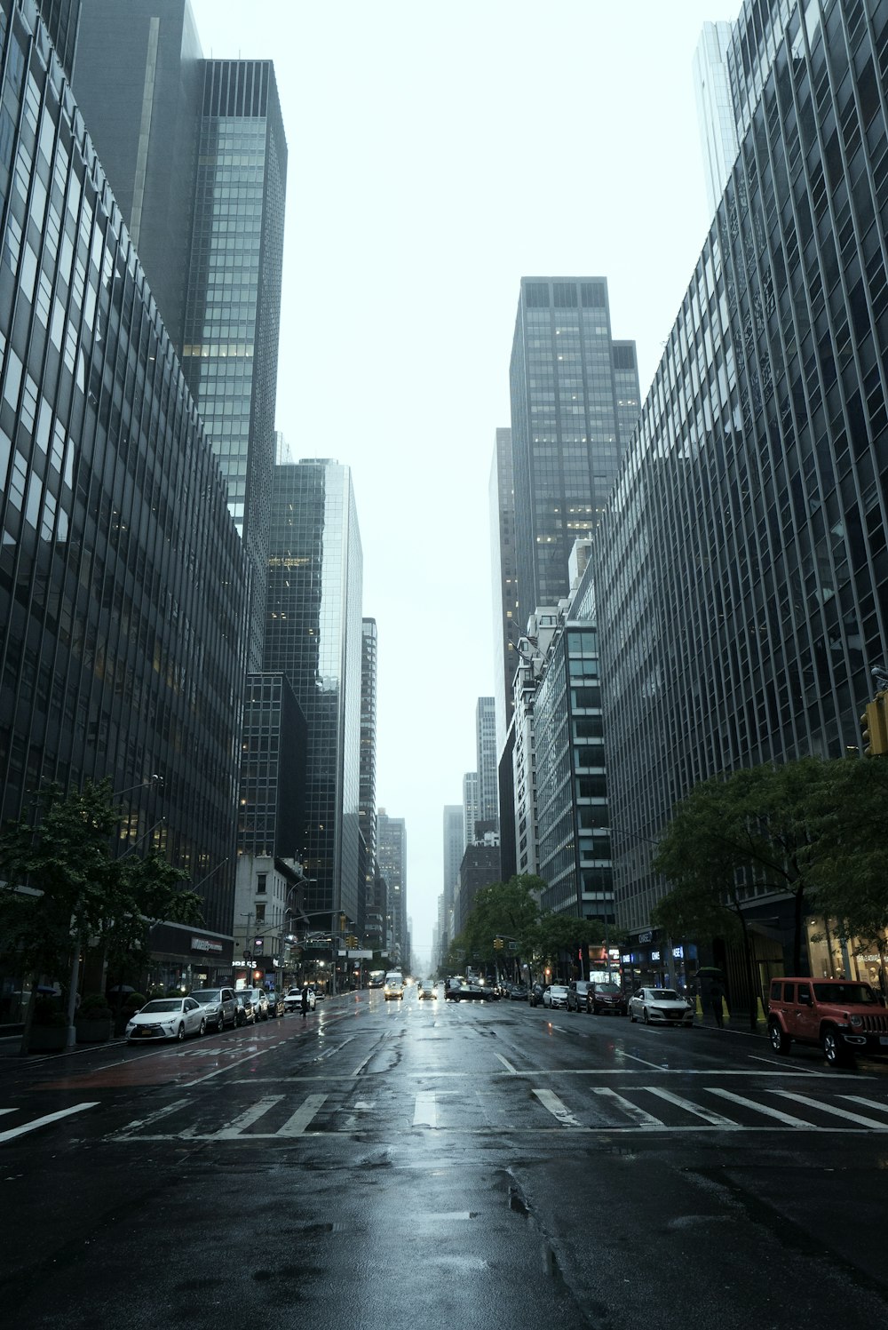 cars on road between high rise buildings during daytime