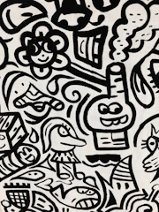 A whimsical black and white doodle featuring quirky characters and intricate patterns.