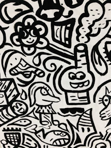 A whimsical black and white doodle featuring quirky characters and intricate patterns.