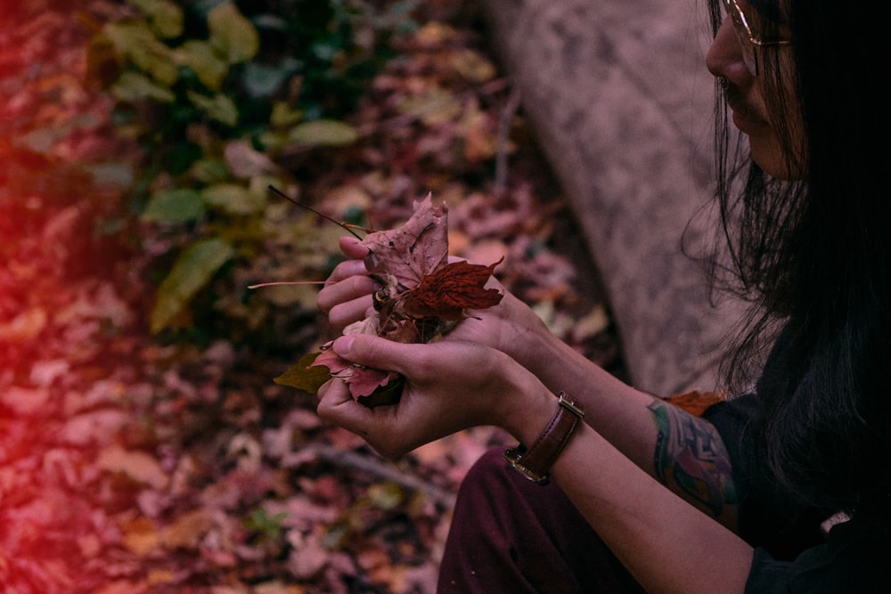 person holding brown dried leaf