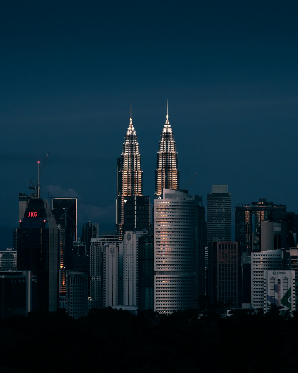 city skyline during night time