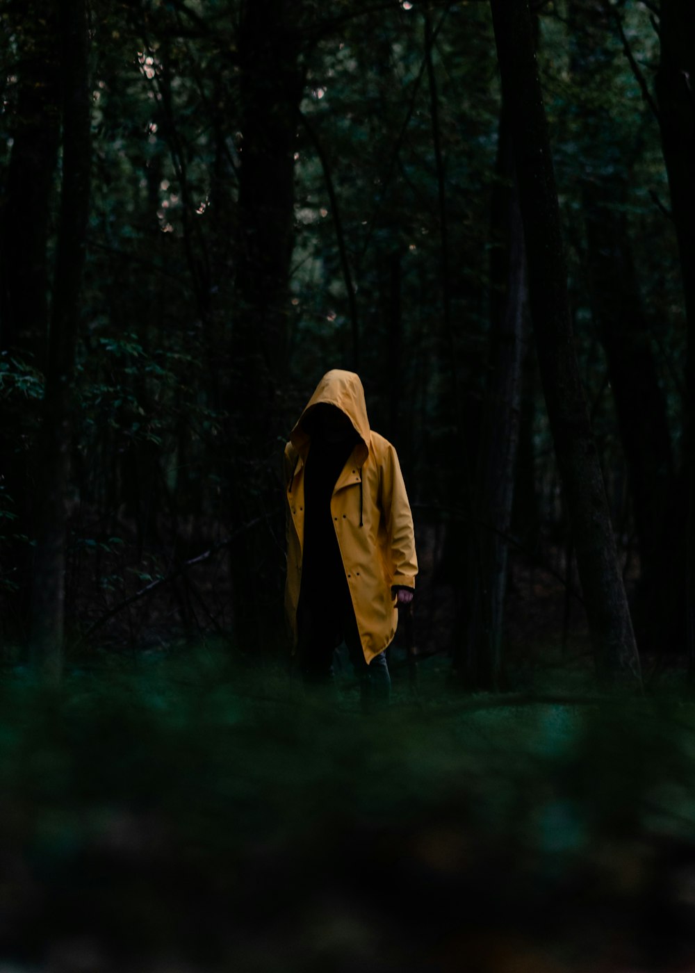 숲에 서 있는 노란 까마귀를 입은 사람