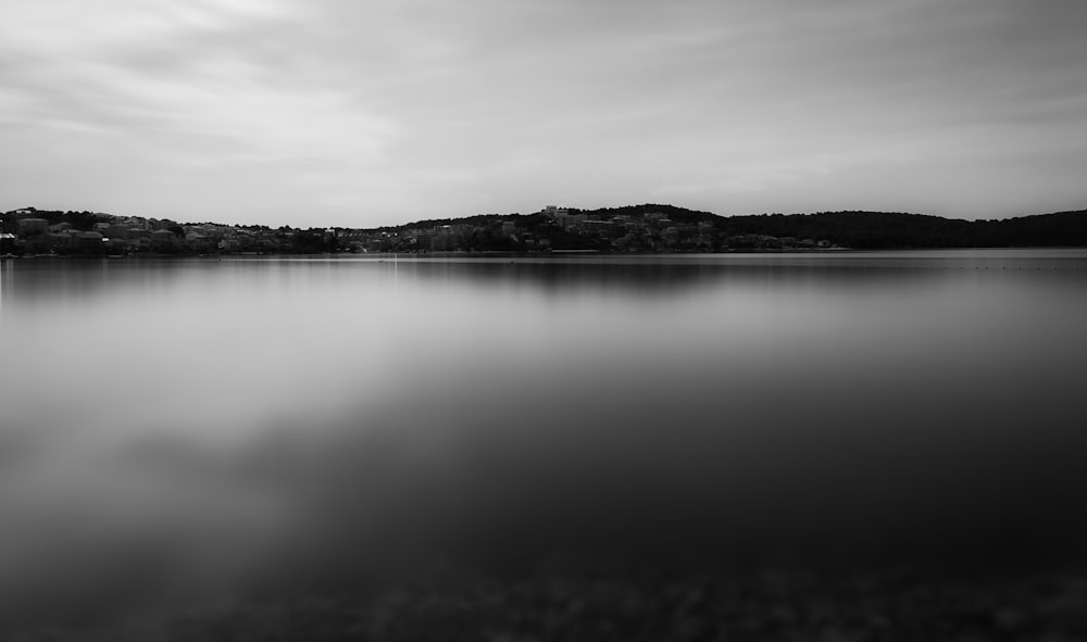 grayscale photo of lake and trees