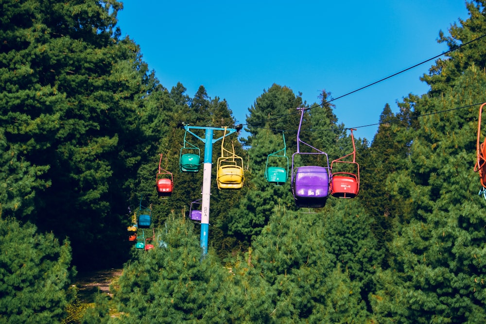 red and blue cable cars