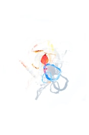 A colorful and abstract composition featuring translucent plastic materials. The image has a bright, overexposed background with hints of red, blue, and yellow that form an organic shape. Shadows create a sense of depth and dimension, adding complexity to the piece.
