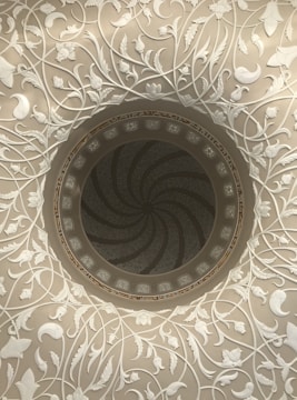 An ornate ceiling design featuring intricate white floral and vine patterns radiating from a central circular structure. The ceiling is highly decorative with delicate leaves and flowers, forming a symmetrical and elegant design.
