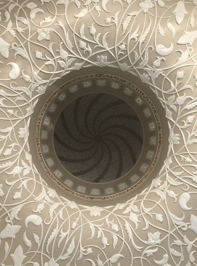 An ornate ceiling design featuring intricate white floral and vine patterns radiating from a central circular structure. The ceiling is highly decorative with delicate leaves and flowers, forming a symmetrical and elegant design.
