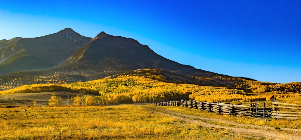 brown wooden fence on green grass field near mountain under blue sky during daytime