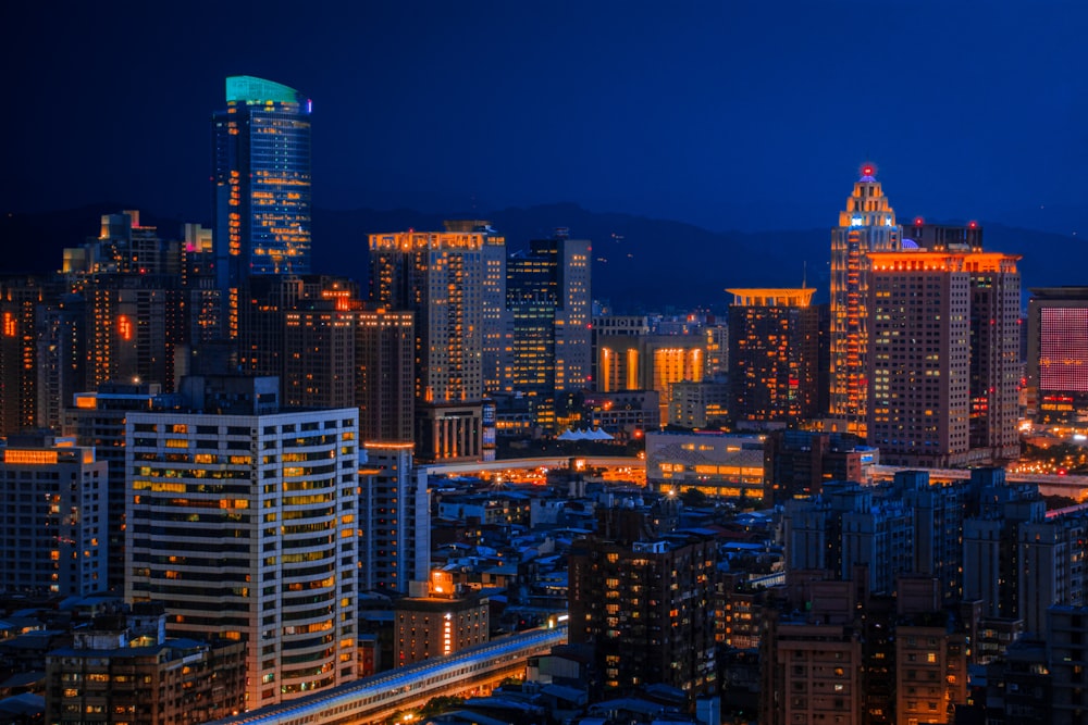 city skyline during night time