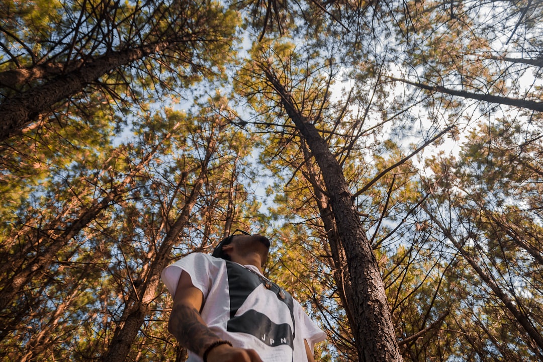 man in white and black stripe polo shirt standing under brown tree during daytime