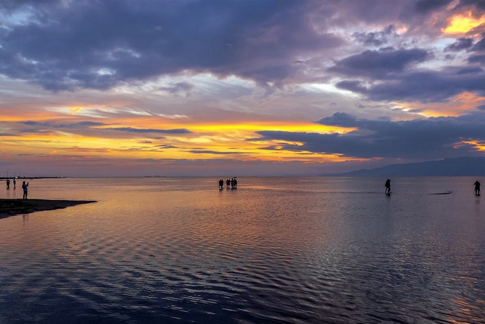 silhouette of people on beach during sunset