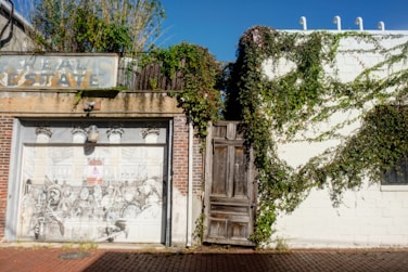 A weathered brick building facade features an artistic mural on its garage door, depicting a busy scene in greyscale. Vines grow over the white wall and the old wooden door in the center, providing a touch of greenery. An old, faded sign above the mural reads 'Real Estate.' The setting is illuminated by sunlight.