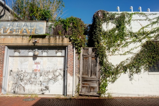 A weathered brick building facade features an artistic mural on its garage door, depicting a busy scene in greyscale. Vines grow over the white wall and the old wooden door in the center, providing a touch of greenery. An old, faded sign above the mural reads 'Real Estate.' The setting is illuminated by sunlight.