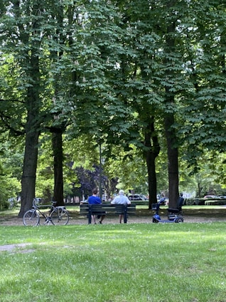 Two individuals sit on a park bench, surrounded by tall green trees and a lush grassy area. A bicycle is parked near the bench, and an electric mobility scooter is positioned on the other side. In the background, more trees and parked cars are visible, creating a tranquil and serene atmosphere.